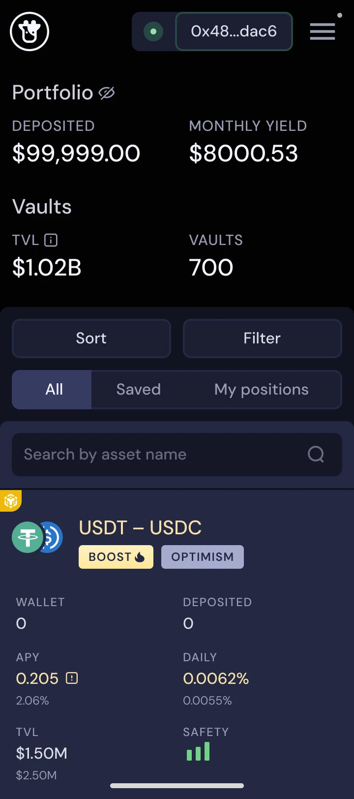 Beefy mobile filters after release: filter applied – vault list with Sort/Filter active