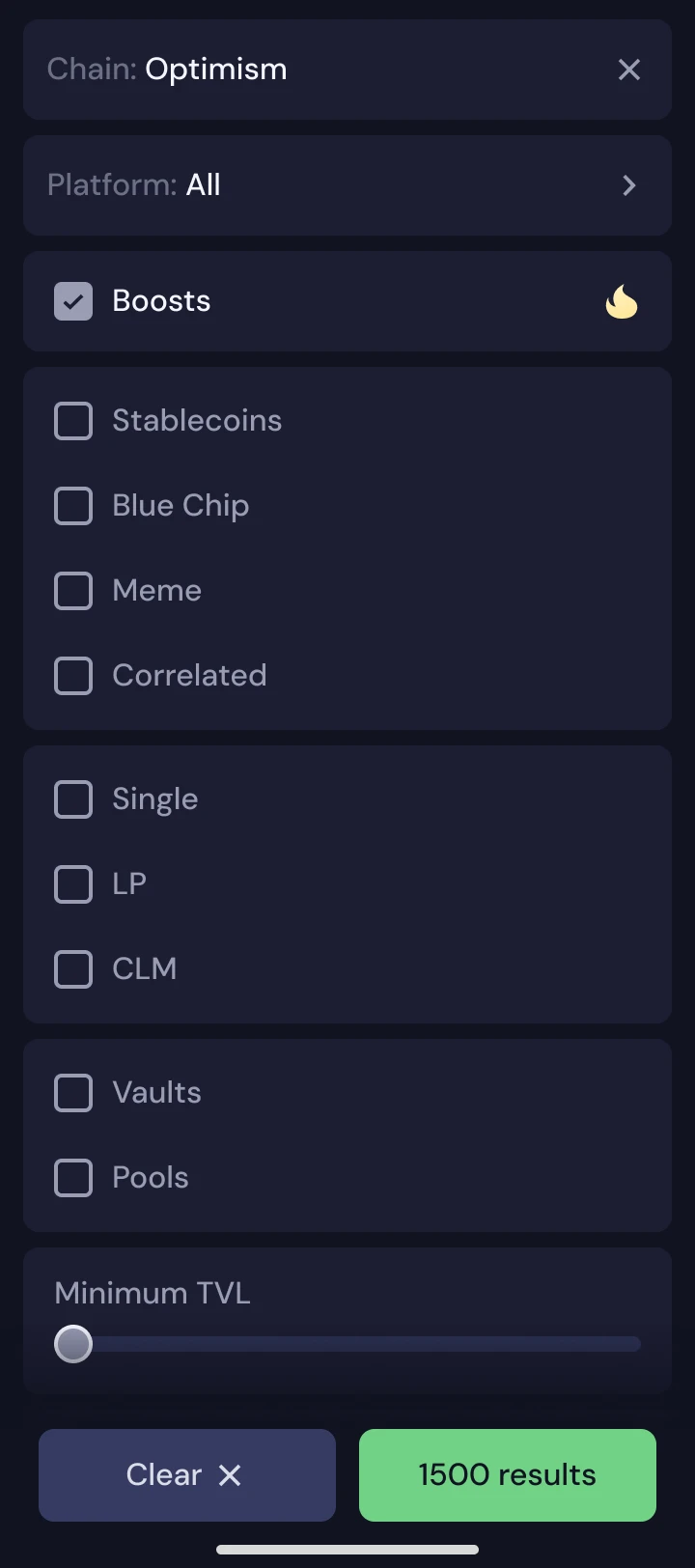 Beefy mobile filters after release: filter panel open, with category, vault type, and minimum TVL