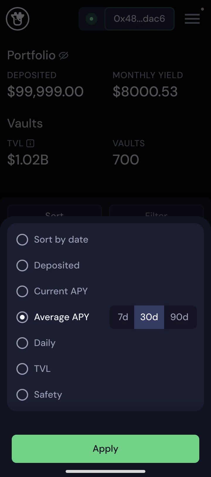Beefy mobile filters after release: sort menu – 30-day average APY