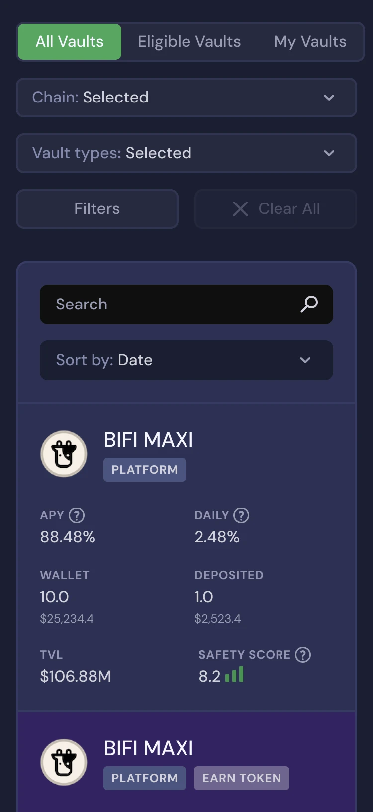 Beefy mobile before the rework: vault list, sorting and filters split into separate buttons
