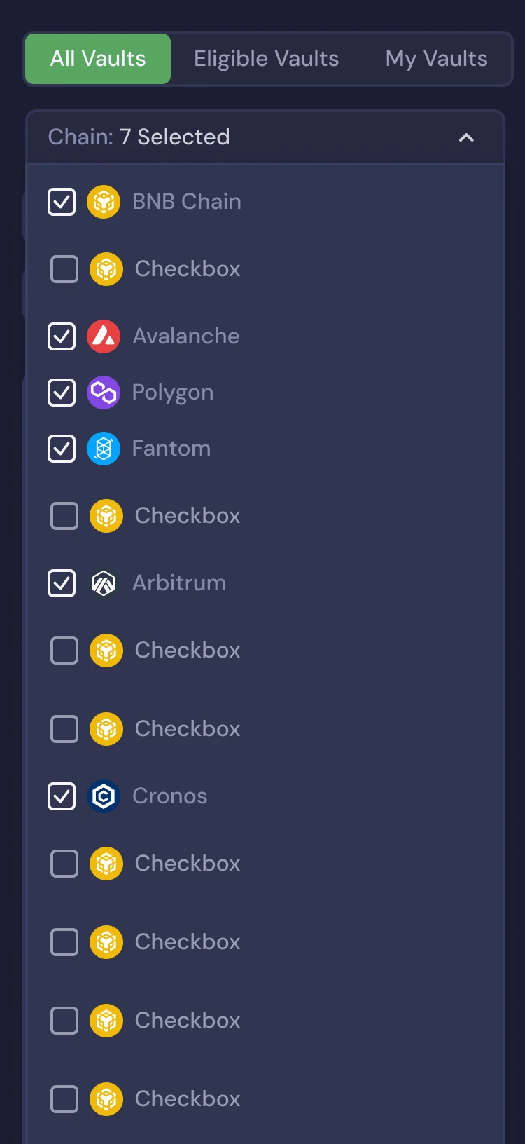 Beefy mobile before the rework: network filter open with checkboxes, 7 selected