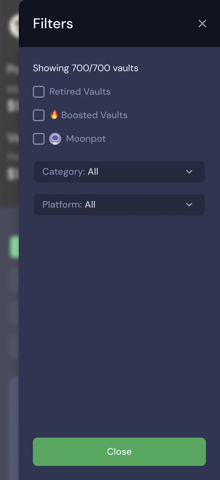 Beefy mobile before the rework: Filters modal – Retired Vaults, Boosted Vaults, Moonpot, category and platform