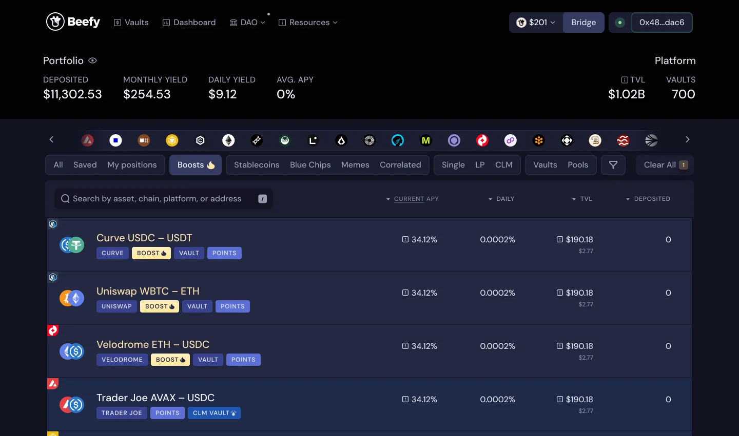 Beefy home page after release, desktop: filter panel open – Zappable, Points eligible, Need to migrate, Retired, Paused, and the Minimum TVL slider