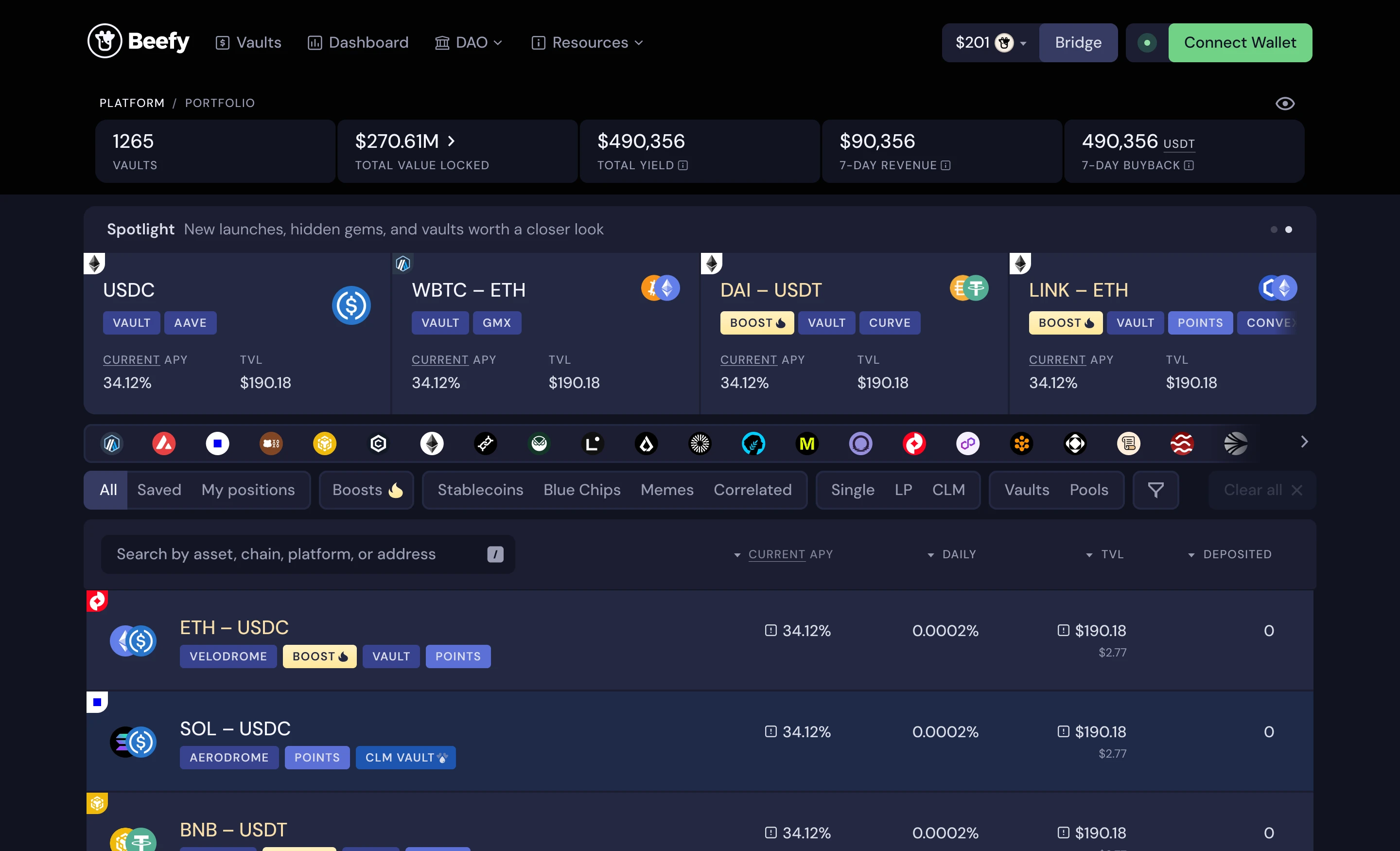 Beefy home page after the redesign: pinned Boosts, Blue Chips, Memes, the Min TVL slider, and vault cards