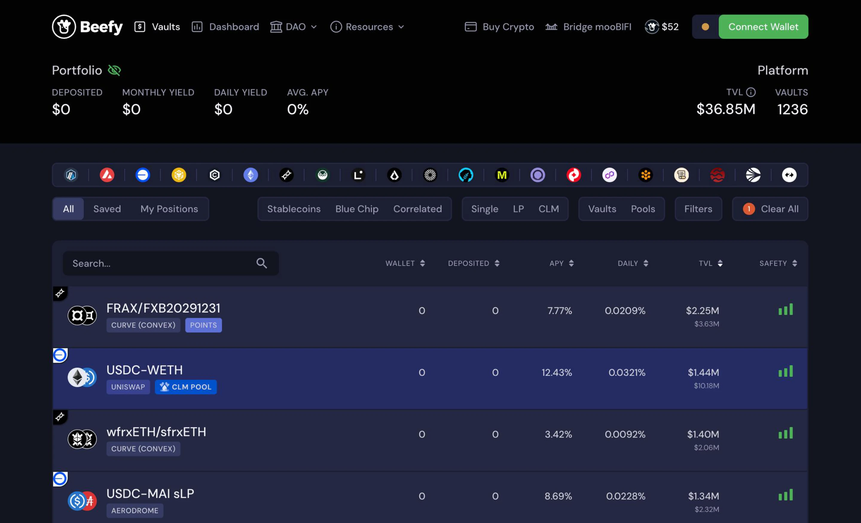 Beefy home page before the redesign: basic filter set, My Positions tab