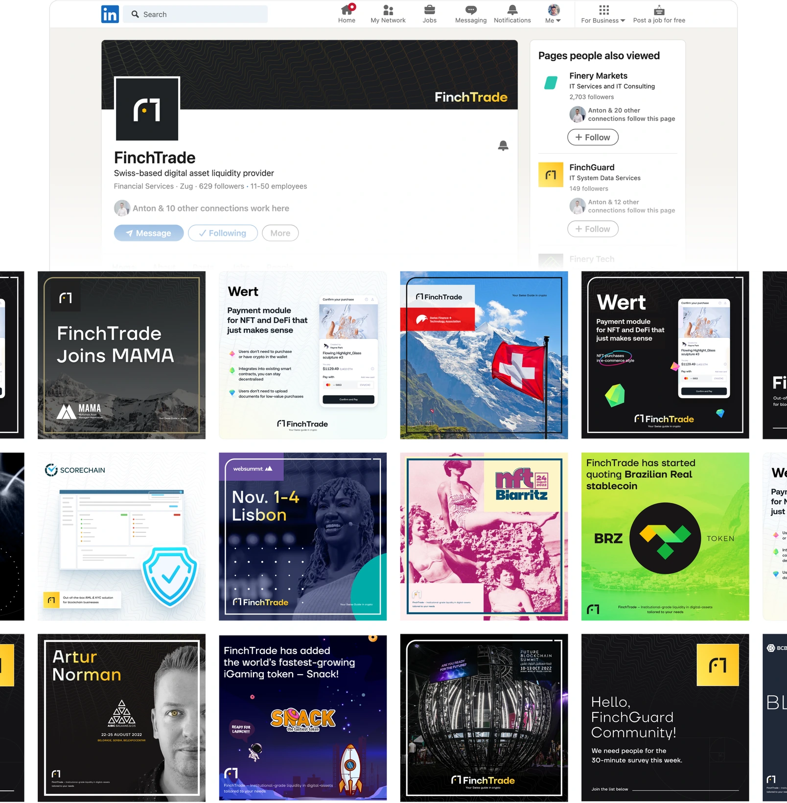 Brand communications: social post templates in three rows above the page they are published on
