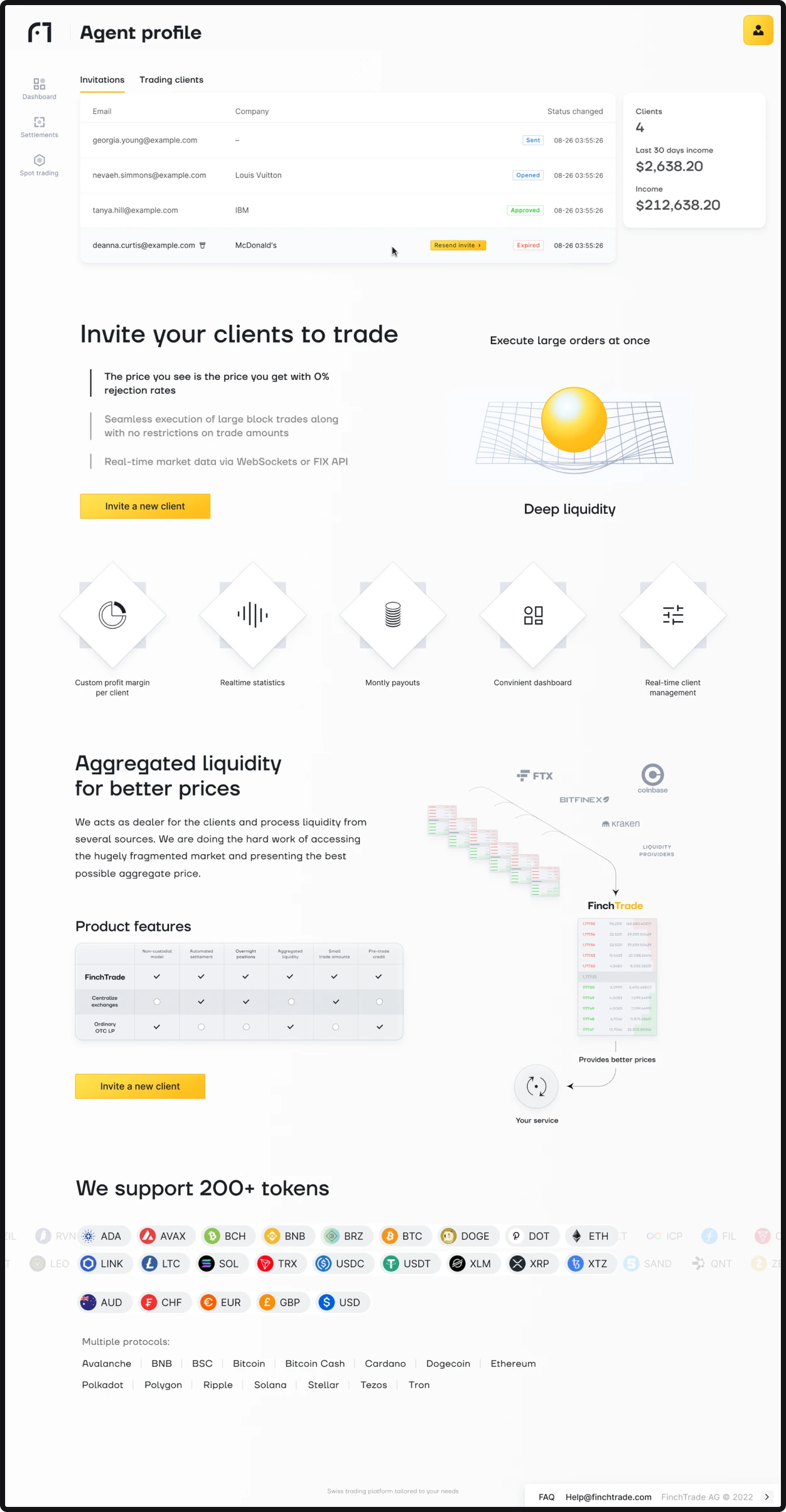 Agent profile in the trading portal: client invitations with their status and the income they produced, desktop