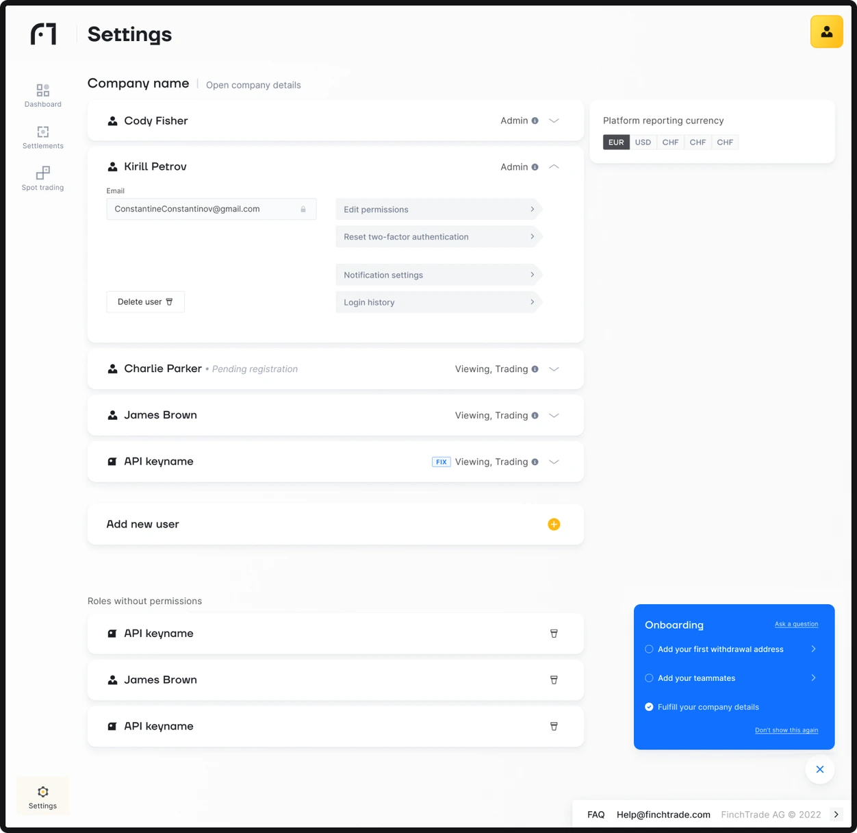 Settings with company details and team access rights, desktop