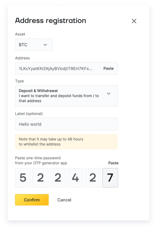 Address registration dialog with the 48-hour whitelisting notice and a one-time password