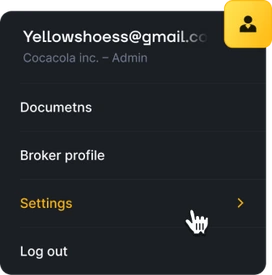 Account menu with documents, broker profile and settings