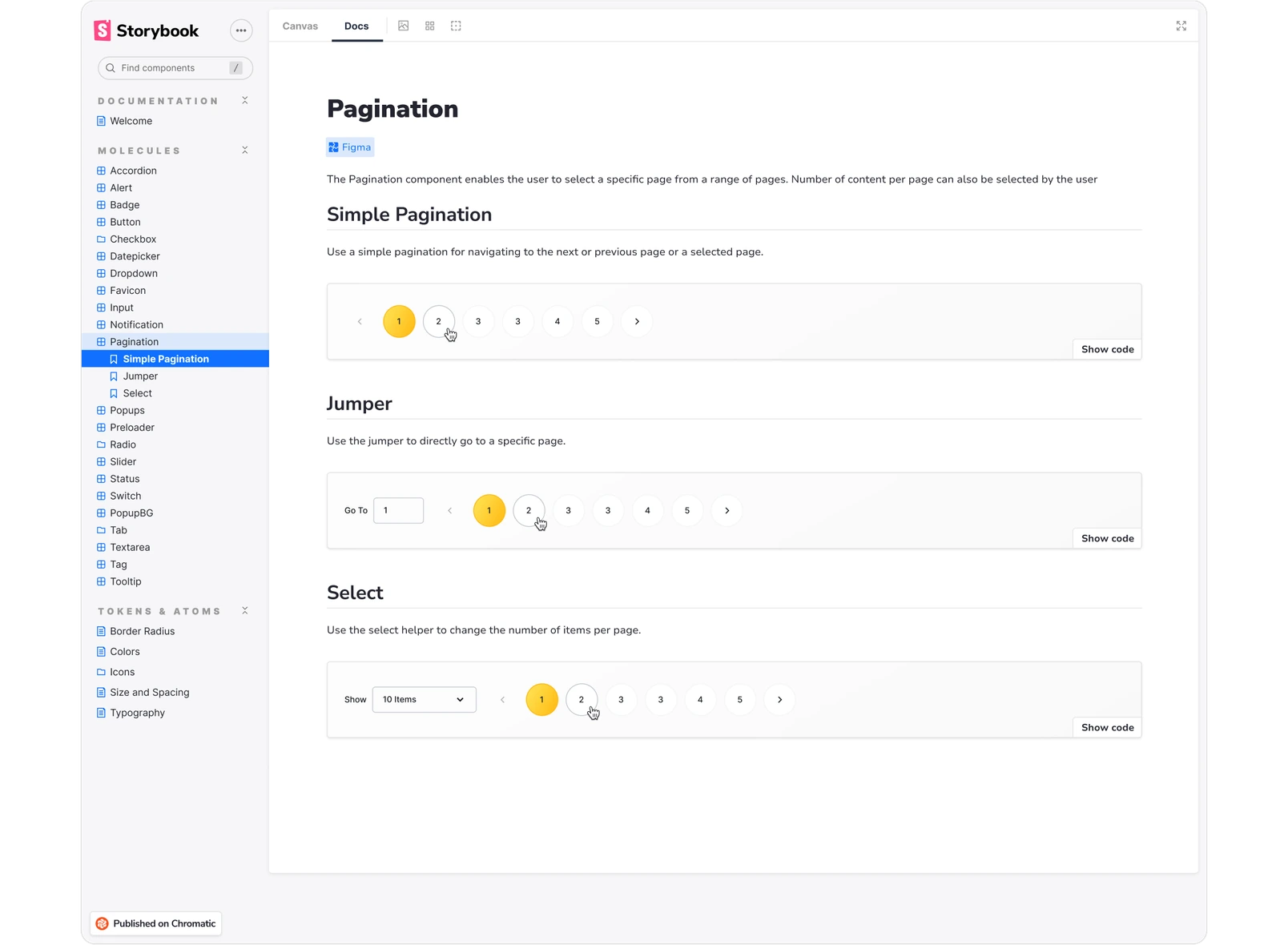 Design system components published in Storybook