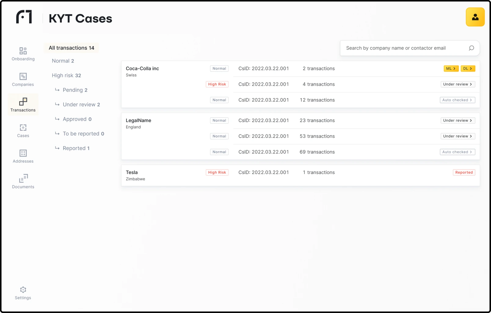 KYT cases list with transaction risk levels