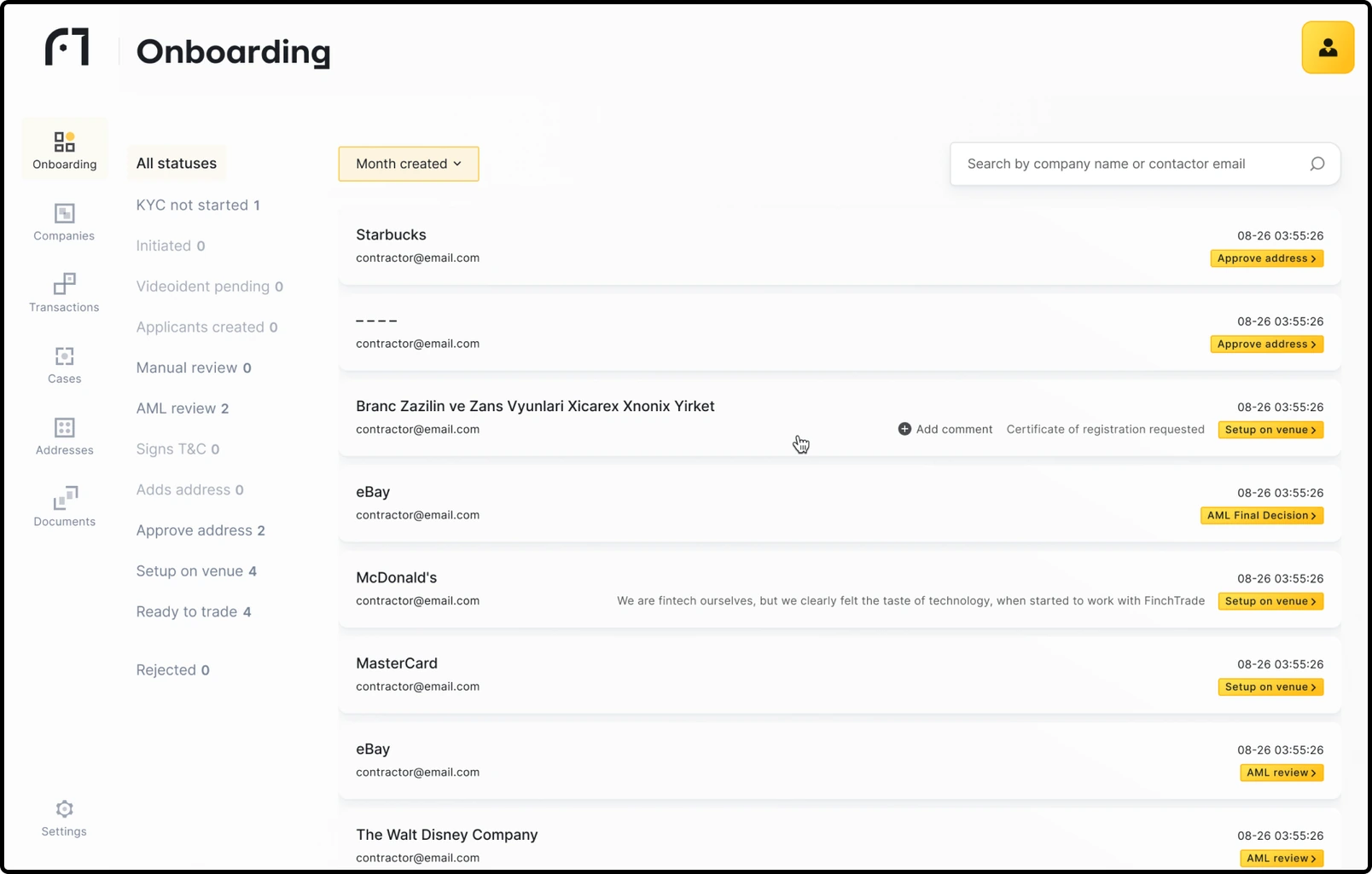 Onboarding queue with statuses down the left rail